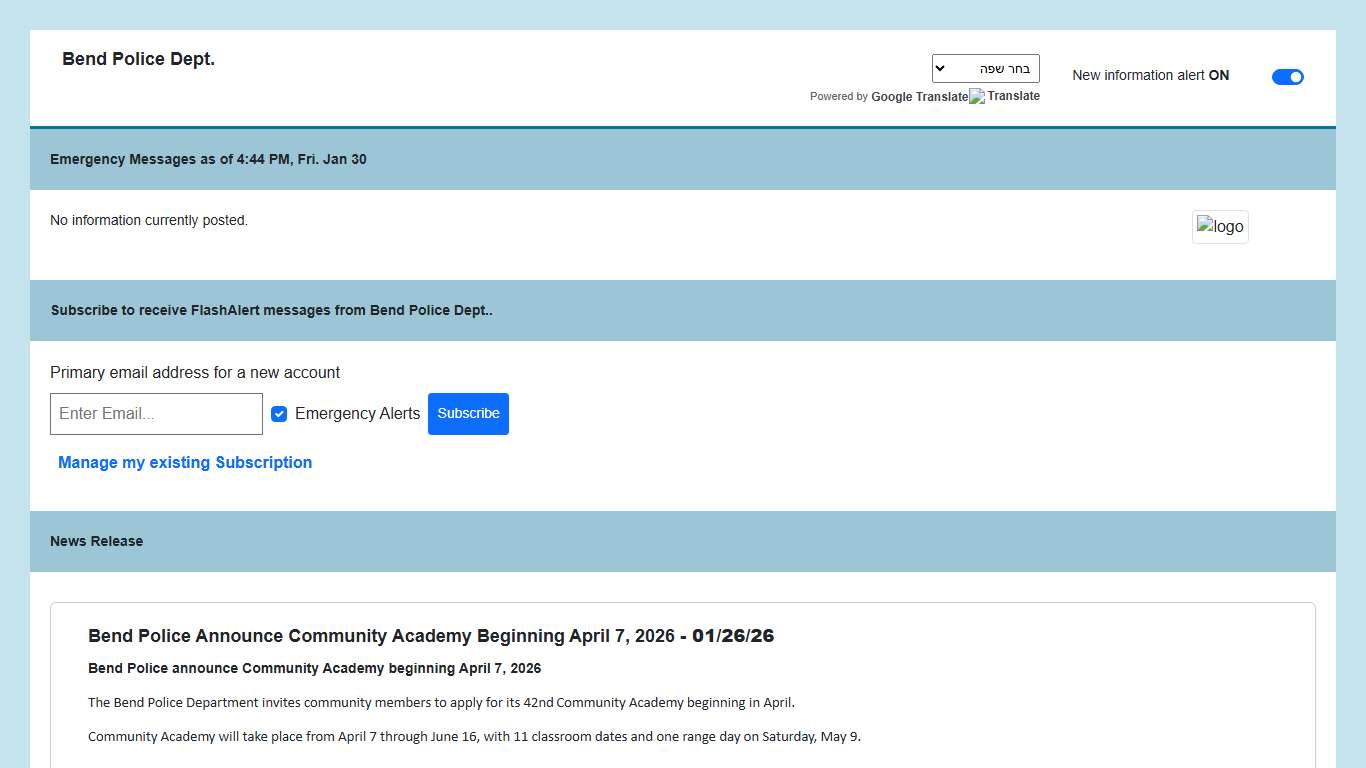 Bend Police Dept. News via Flashalert.net